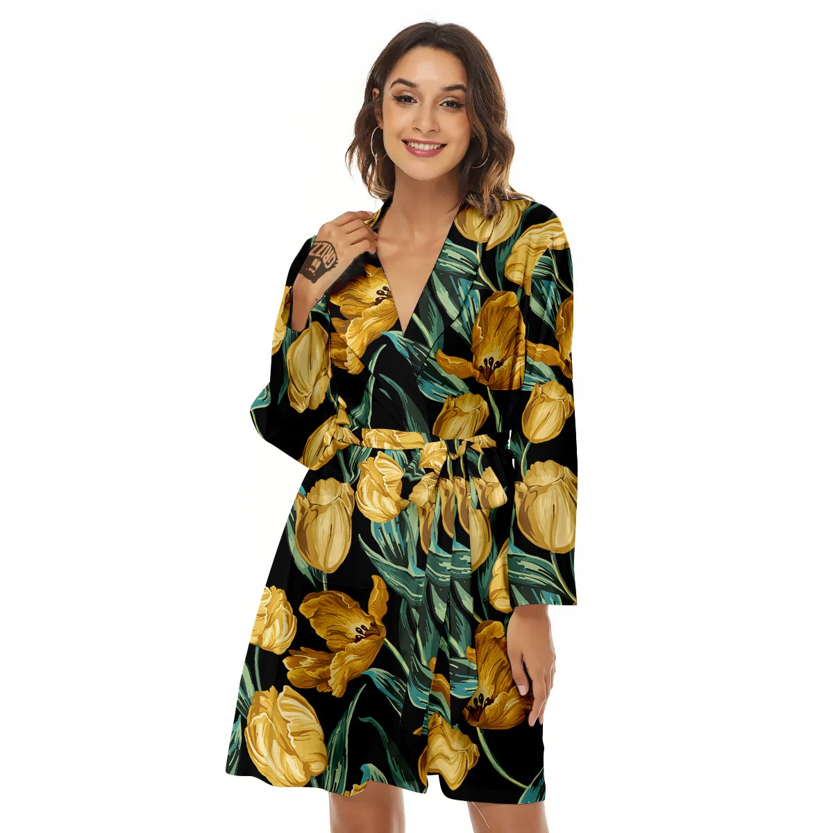 Tulip Yellow Print Pattern Women's Robe-grizzshop