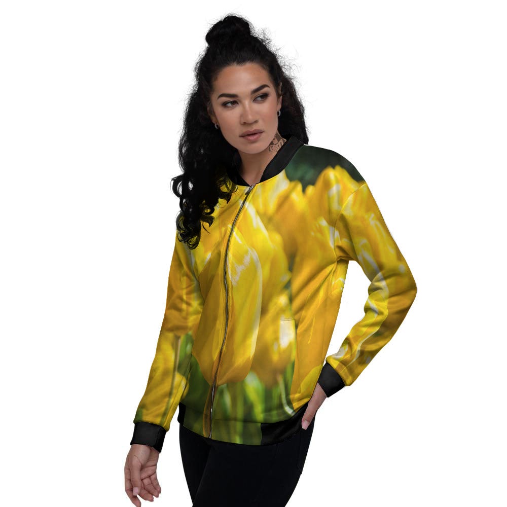 Tulip Yellow Print Women's Bomber Jacket-grizzshop