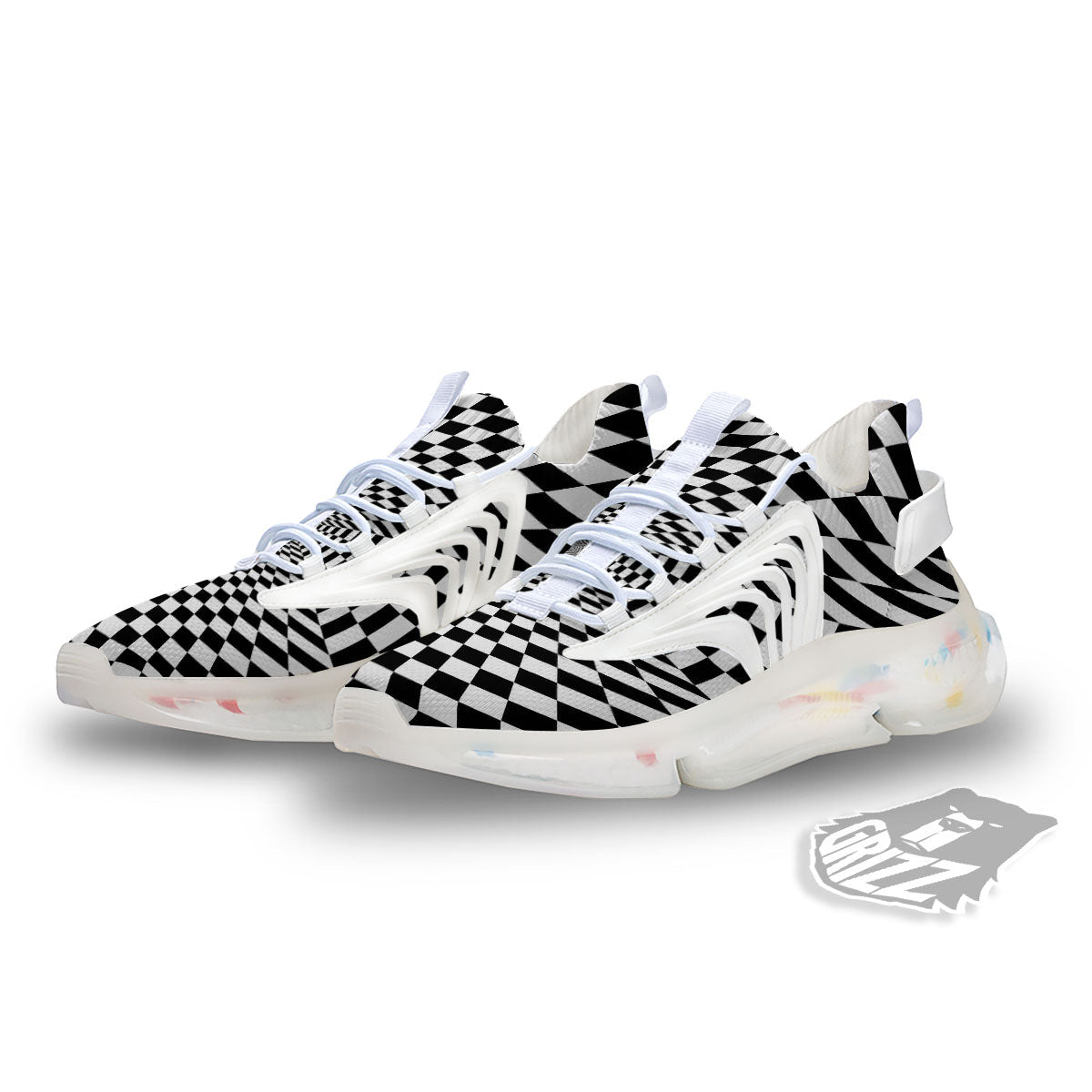 Tunnel Illusion White And Black Print White Gym Shoes-grizzshop