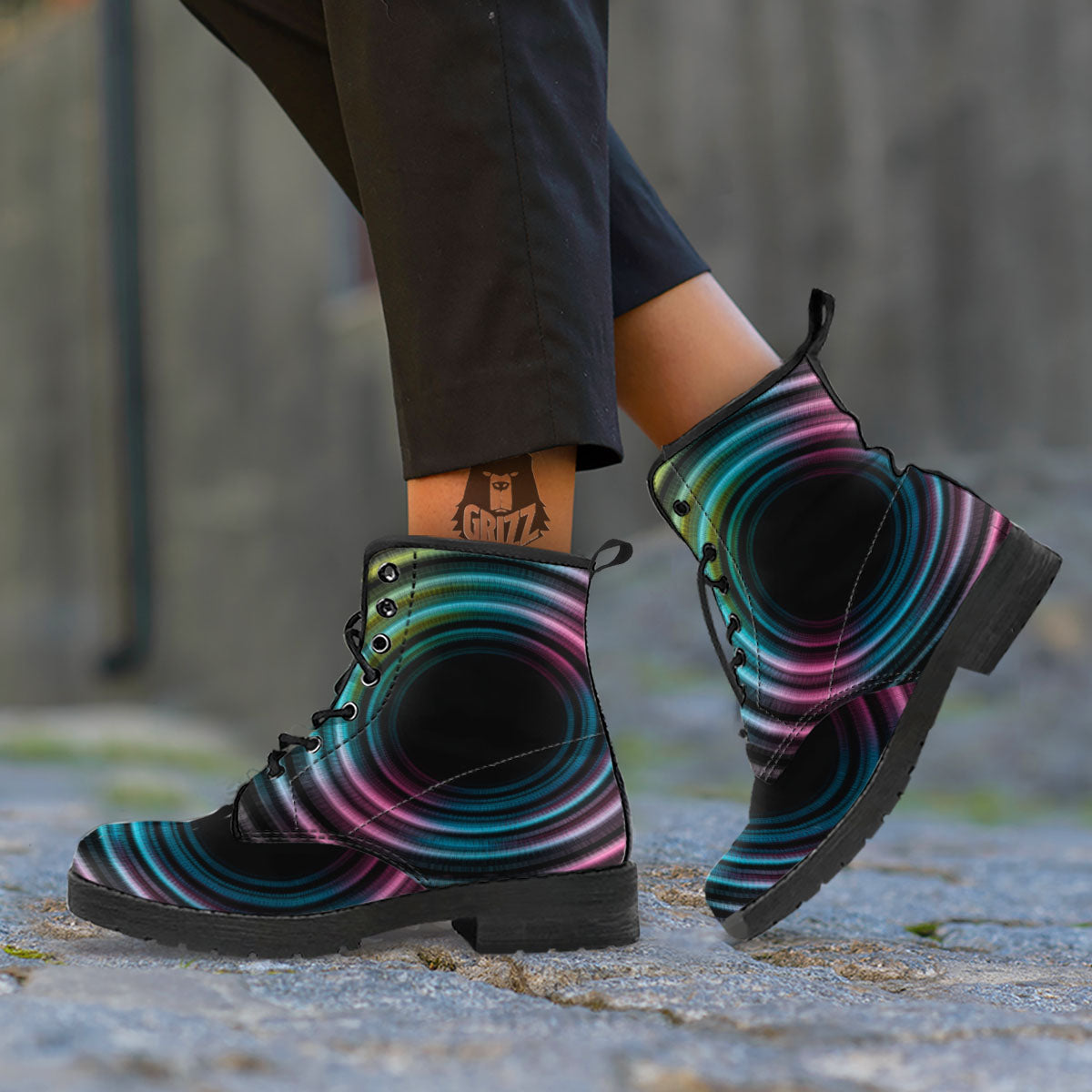 Tunnel Lights Teal And Pink Print Leather Boots-grizzshop