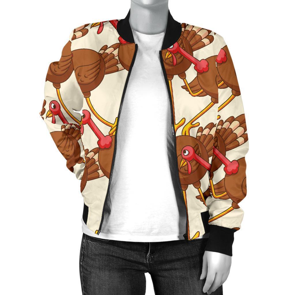 Turkey Thankgiving Pattern Print Women Casual Bomber Jacket-grizzshop