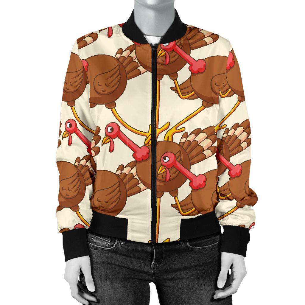 Turkey Thankgiving Pattern Print Women Casual Bomber Jacket-grizzshop