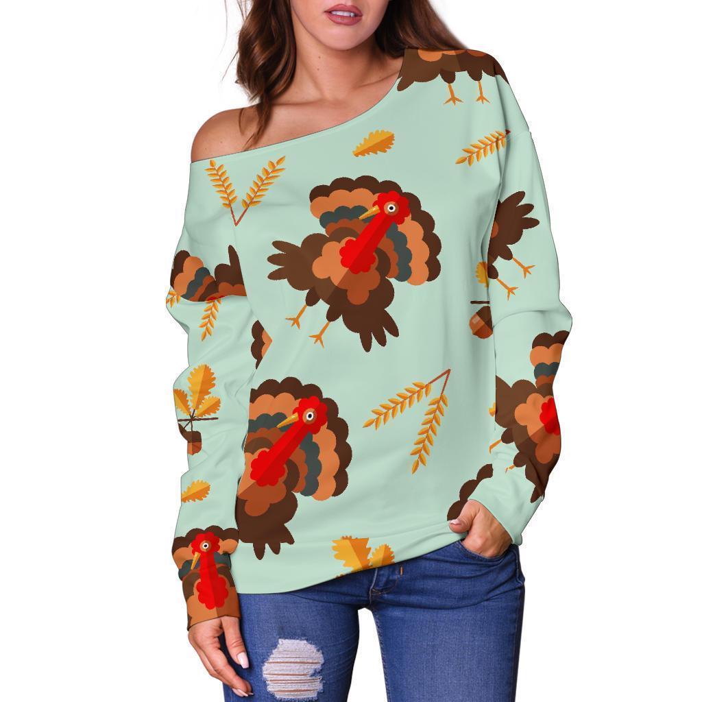 Turkey Thankgiving Print Pattern Women Off Shoulder Sweatshirt-grizzshop