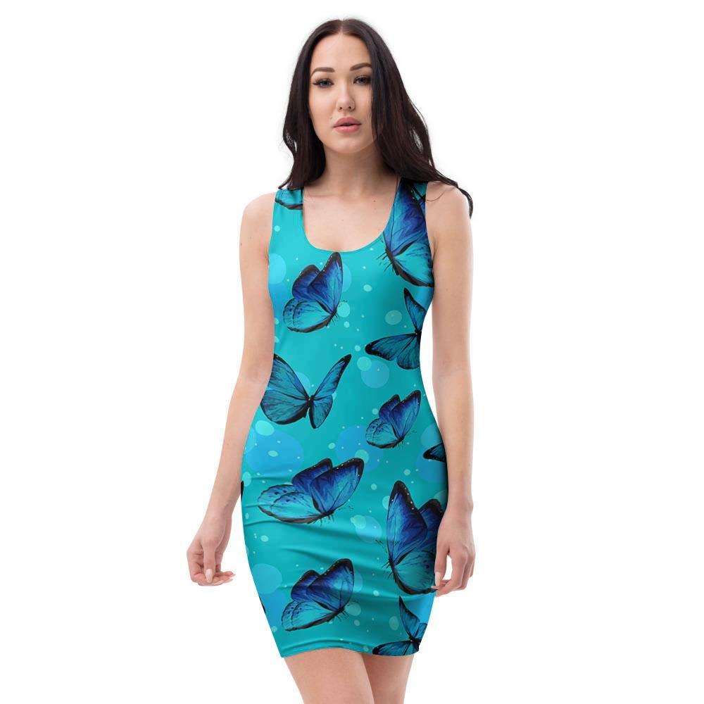 Turquoise Bubble Butterfly Print Bodycon Dress-grizzshop