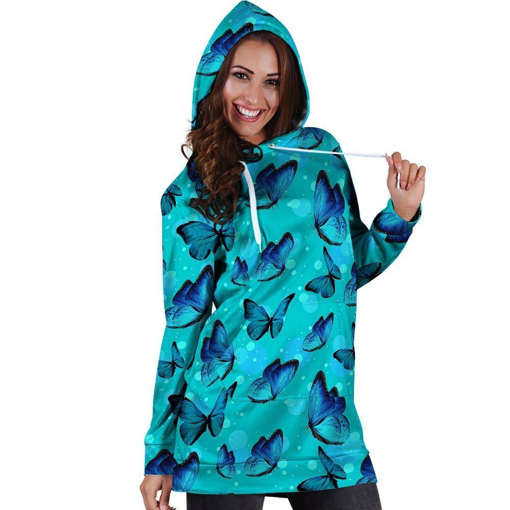 Turquoise Bubble Butterfly Print Hoodie Dress-grizzshop