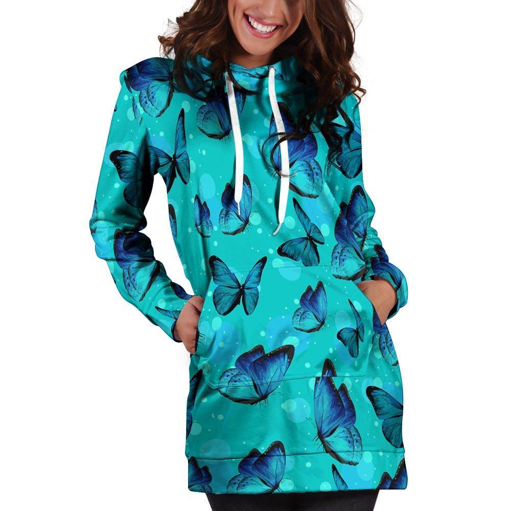 Turquoise Bubble Butterfly Print Hoodie Dress-grizzshop