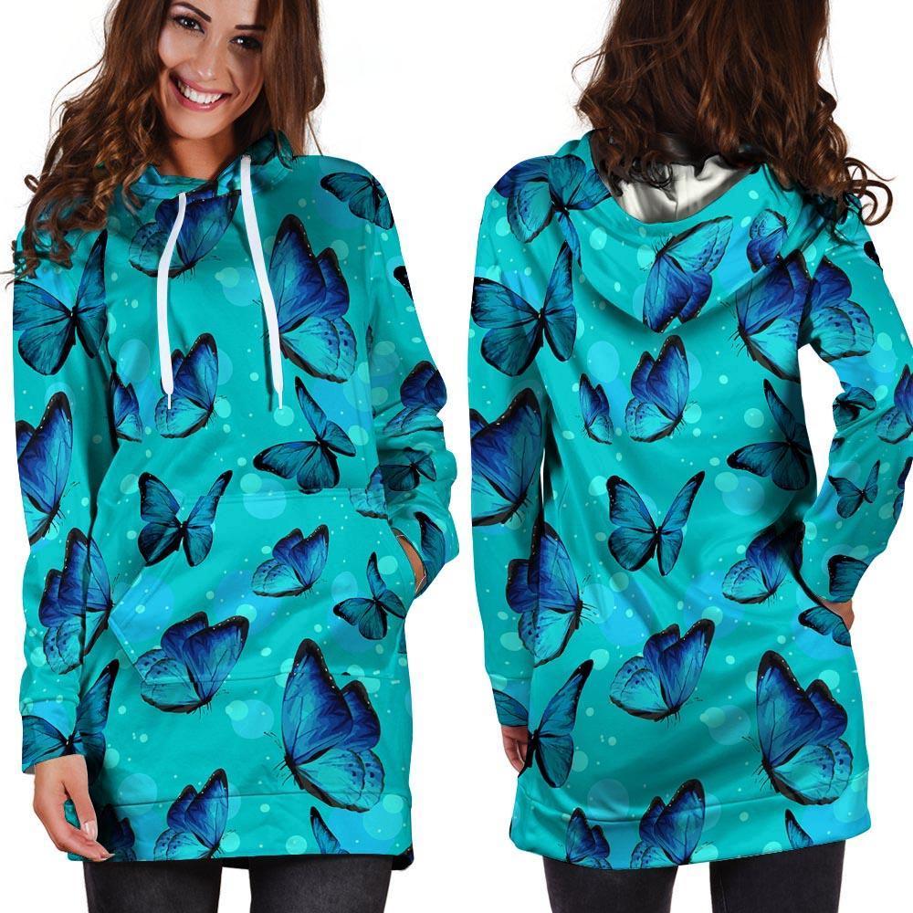 Turquoise Bubble Butterfly Print Hoodie Dress-grizzshop