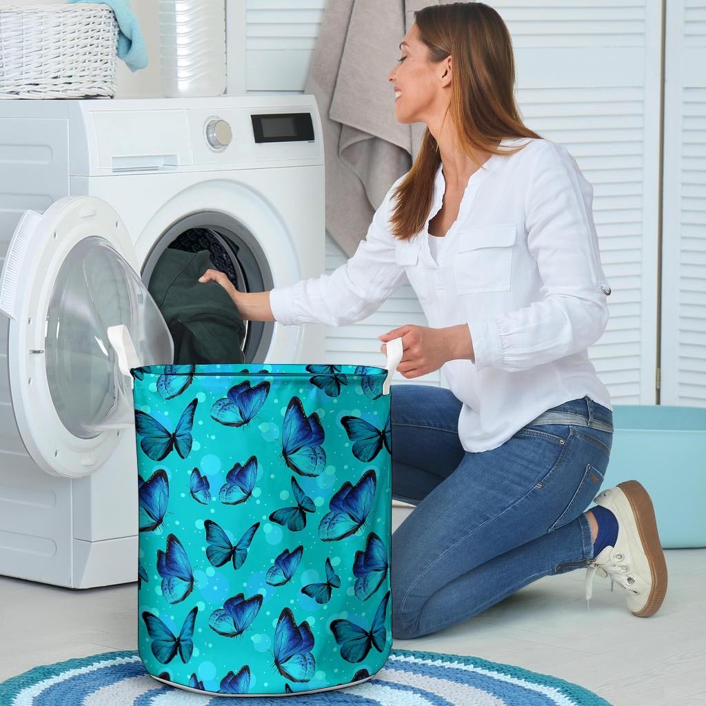 Turquoise Bubble Butterfly Print Laundry Basket-grizzshop