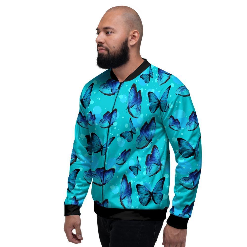 Turquoise Bubble Butterfly Print Men's Bomber Jacket-grizzshop