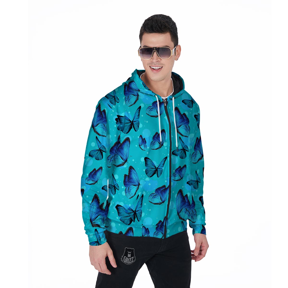 Turquoise Bubble Butterfly Print Men's Zip Up Hoodie-grizzshop
