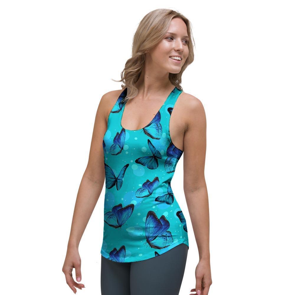 Turquoise Bubble Butterfly Print Women's Racerback Tank Top-grizzshop