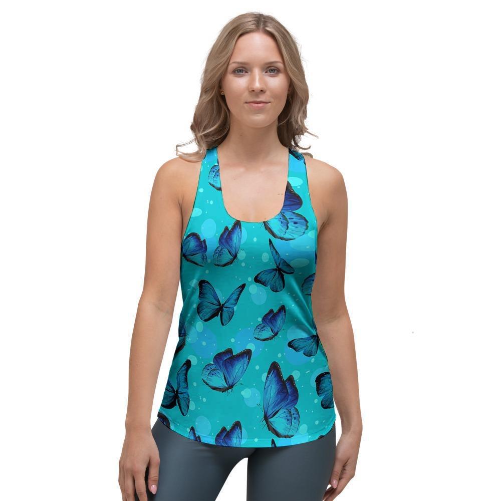 Turquoise Bubble Butterfly Print Women's Racerback Tank Top-grizzshop