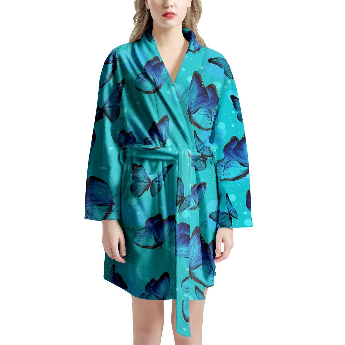 Turquoise Bubble Butterfly Print Women's Robe-grizzshop