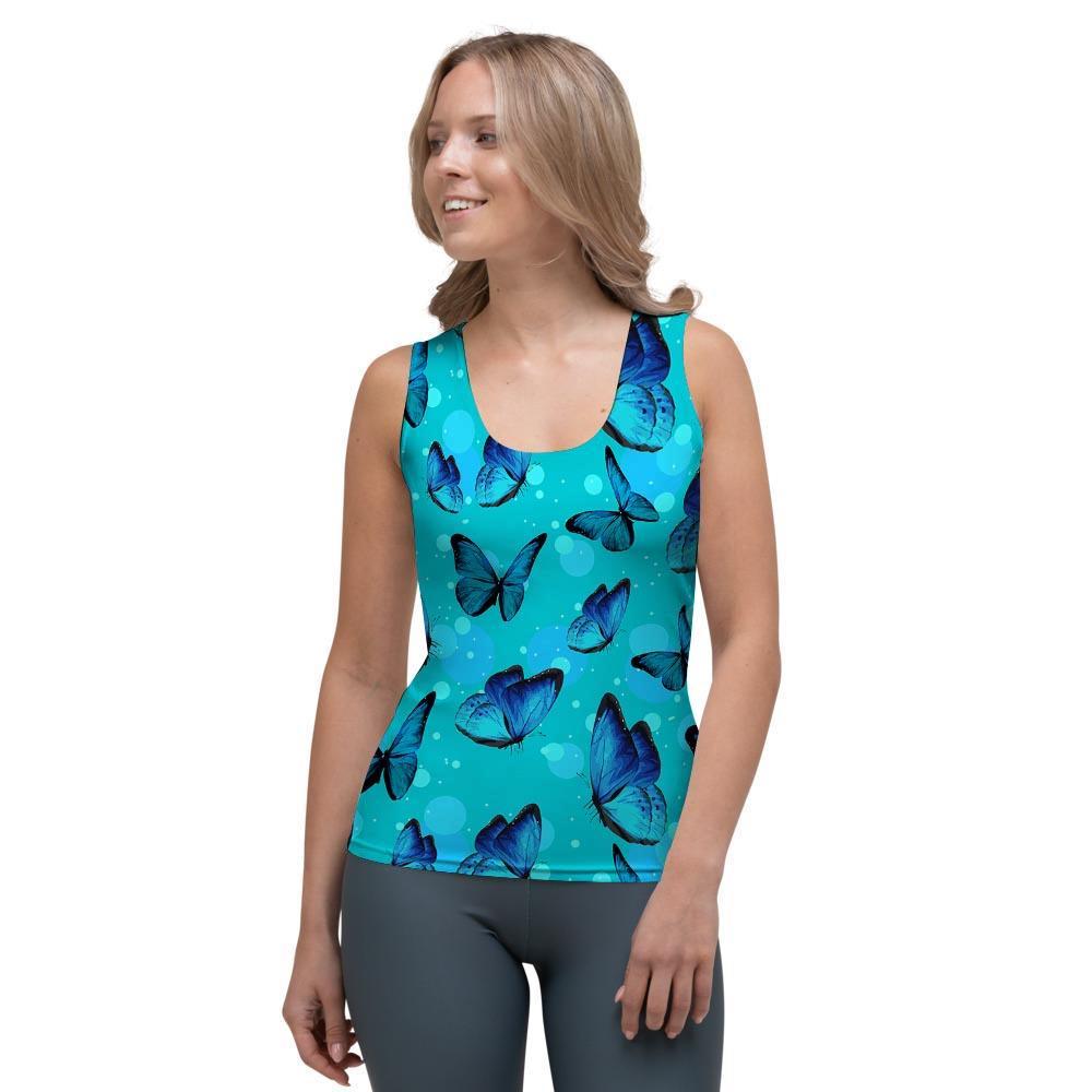 Turquoise Bubble Butterfly Print Women's Tank Top-grizzshop