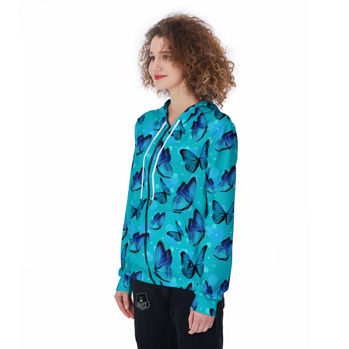 Turquoise Bubble Butterfly Print Women's Zip Up Hoodie-grizzshop