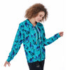 Turquoise Bubble Butterfly Print Women's Zip Up Hoodie-grizzshop