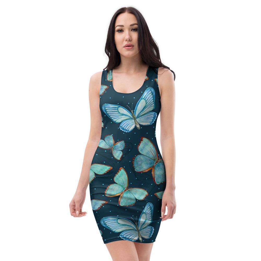 Turquoise Butterfly Print Bodycon Dress-grizzshop