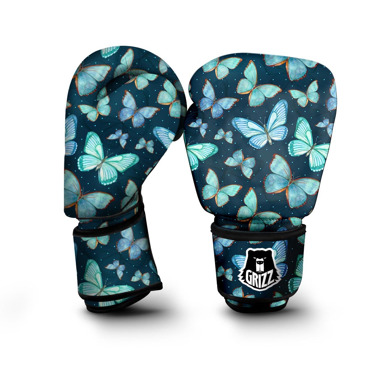 Turquoise Butterfly Print Boxing Gloves-grizzshop