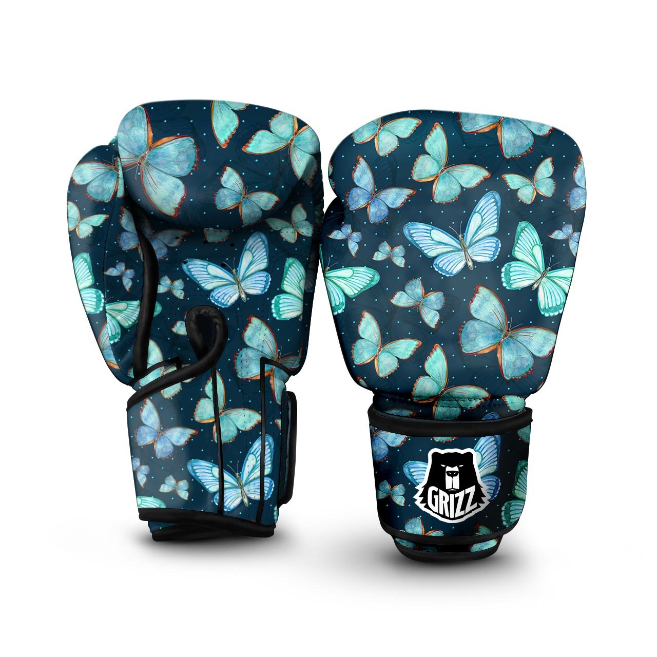 Turquoise Butterfly Print Boxing Gloves-grizzshop