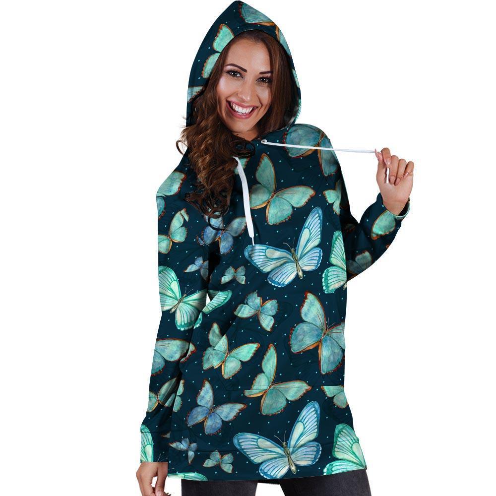 Turquoise Butterfly Print Hoodie Dress-grizzshop