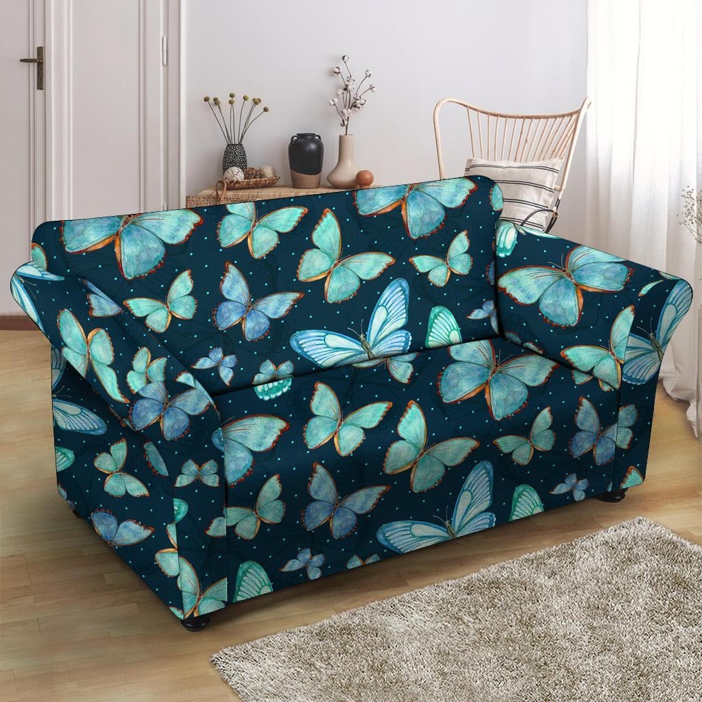 Turquoise Butterfly Print Loveseat Cover-grizzshop