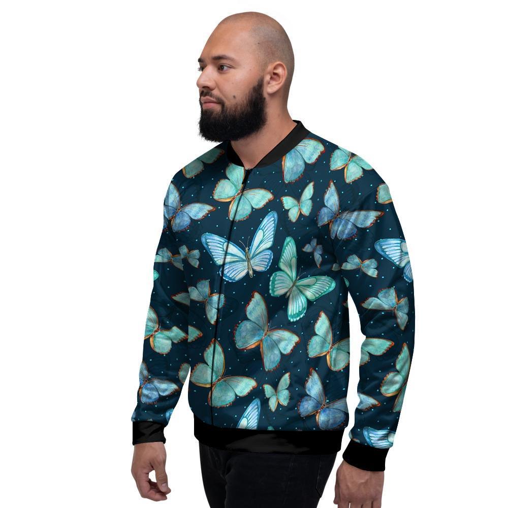 Turquoise Butterfly Print Men's Bomber Jacket-grizzshop