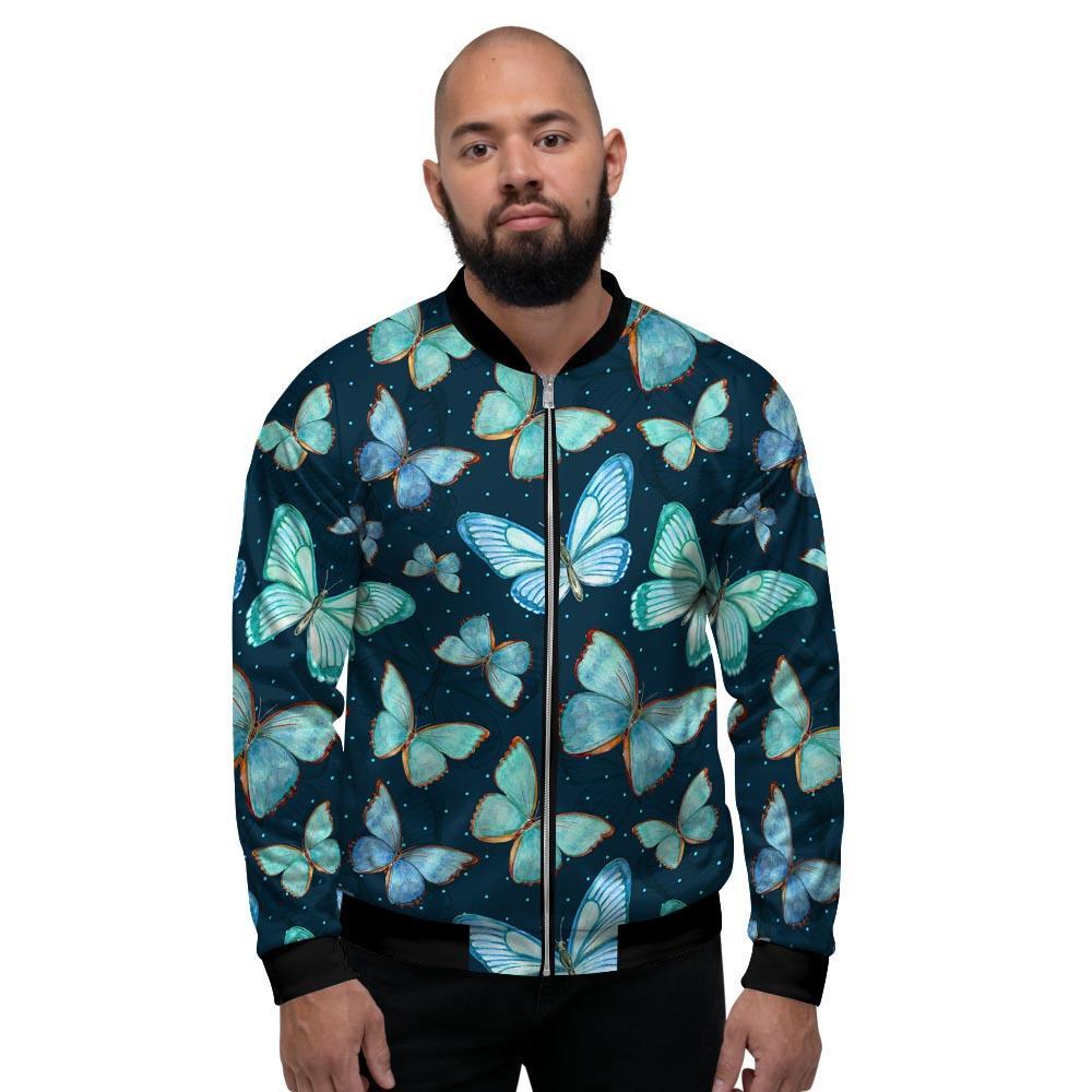 Turquoise Butterfly Print Men's Bomber Jacket-grizzshop