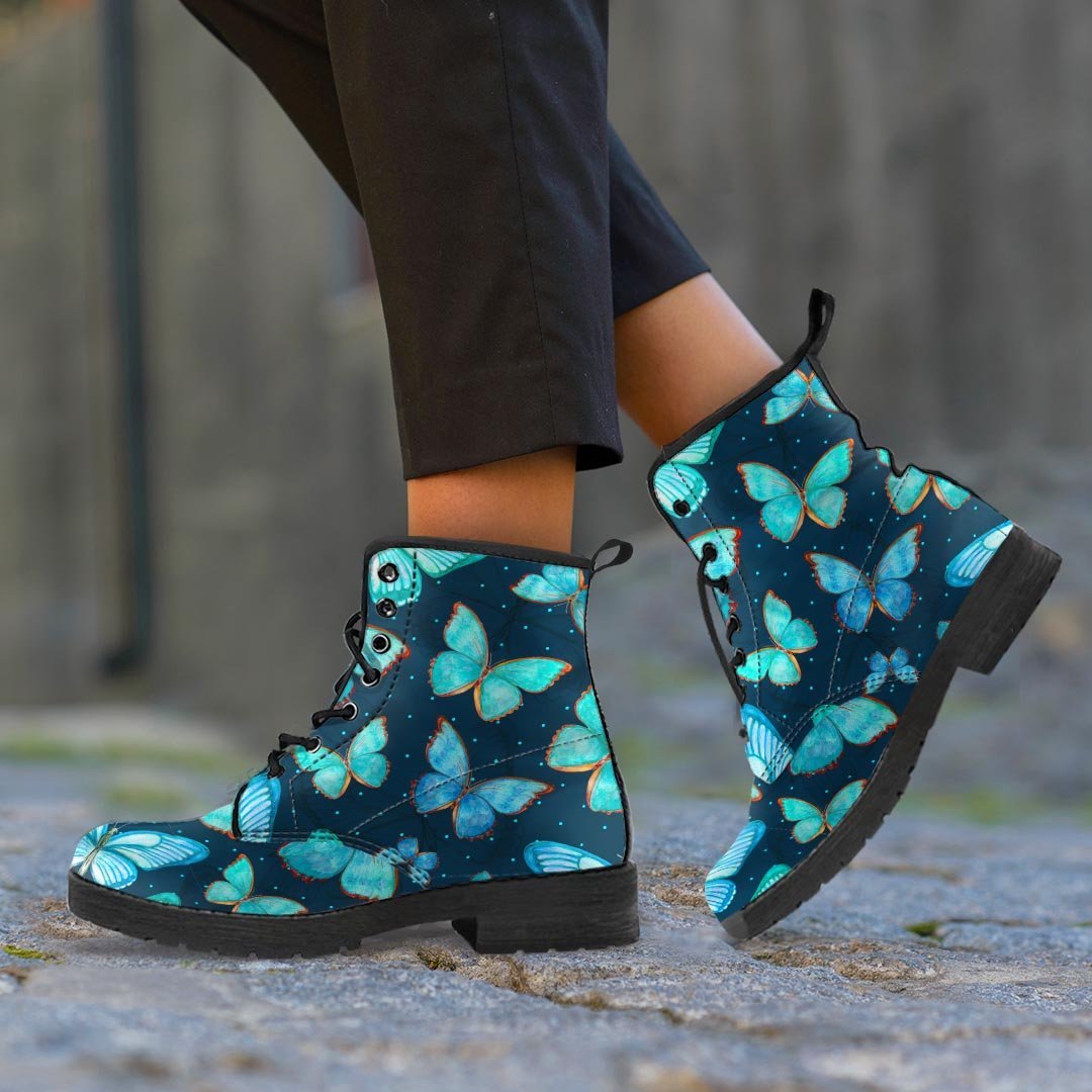 Turquoise Butterfly Print Men's Boots-grizzshop