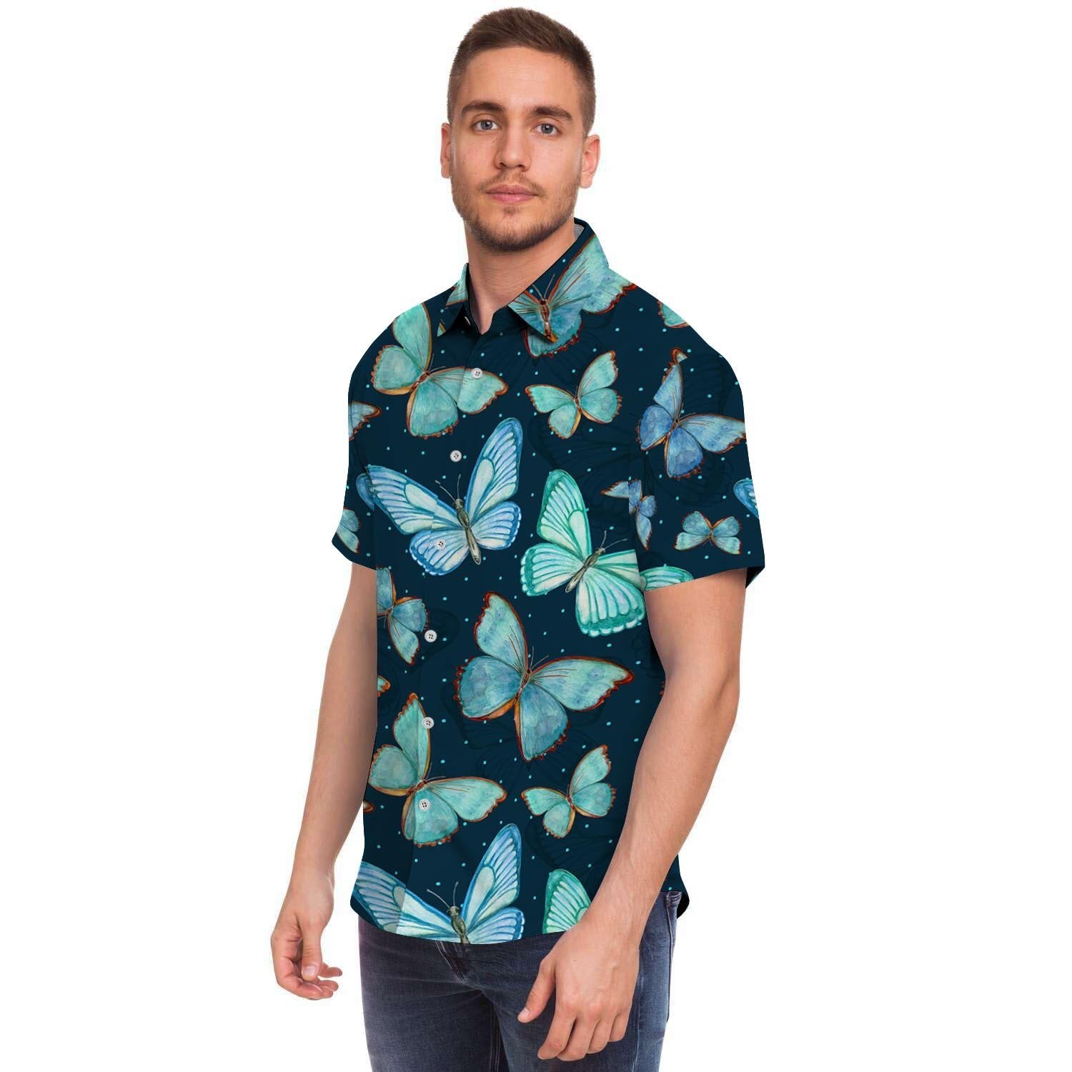 Turquoise Butterfly Print Men's Short Sleeve Shirt-grizzshop