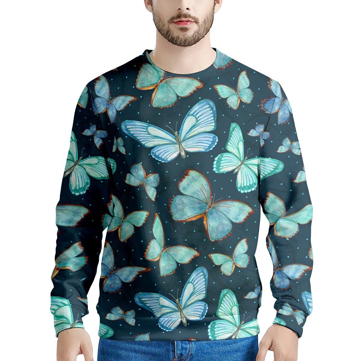 Turquoise Butterfly Print Men's Sweatshirt-grizzshop