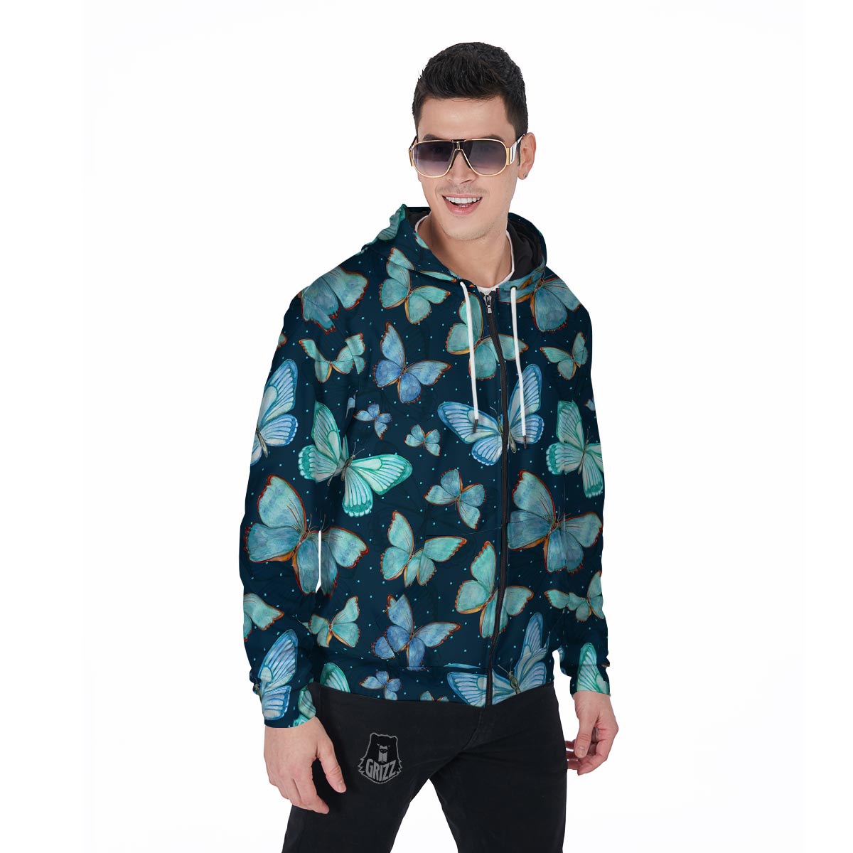 Turquoise Butterfly Print Men's Zip Up Hoodie-grizzshop