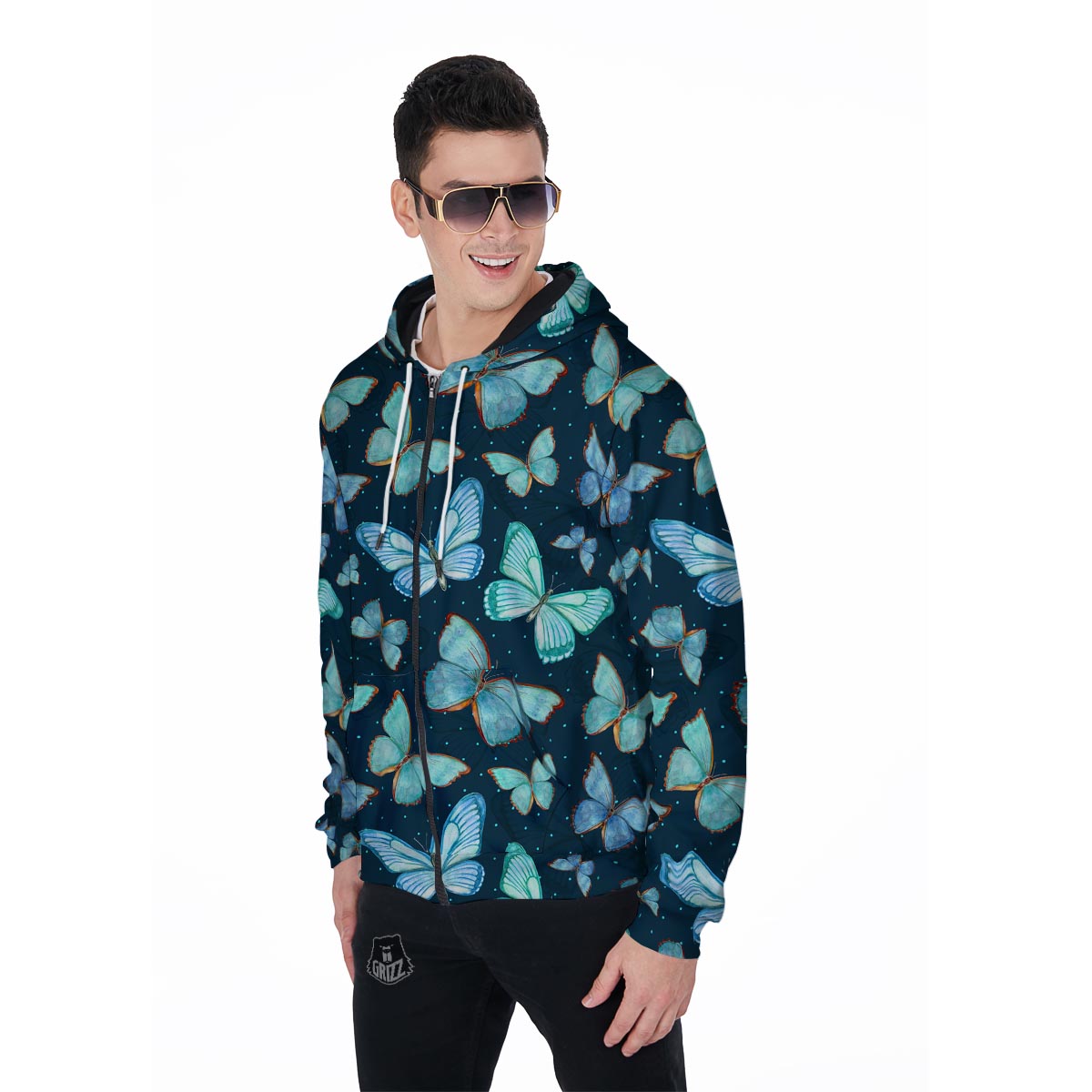Turquoise Butterfly Print Men's Zip Up Hoodie-grizzshop