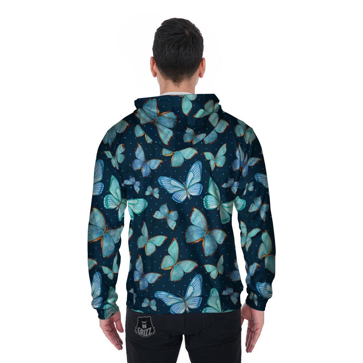 Turquoise Butterfly Print Men's Zip Up Hoodie-grizzshop