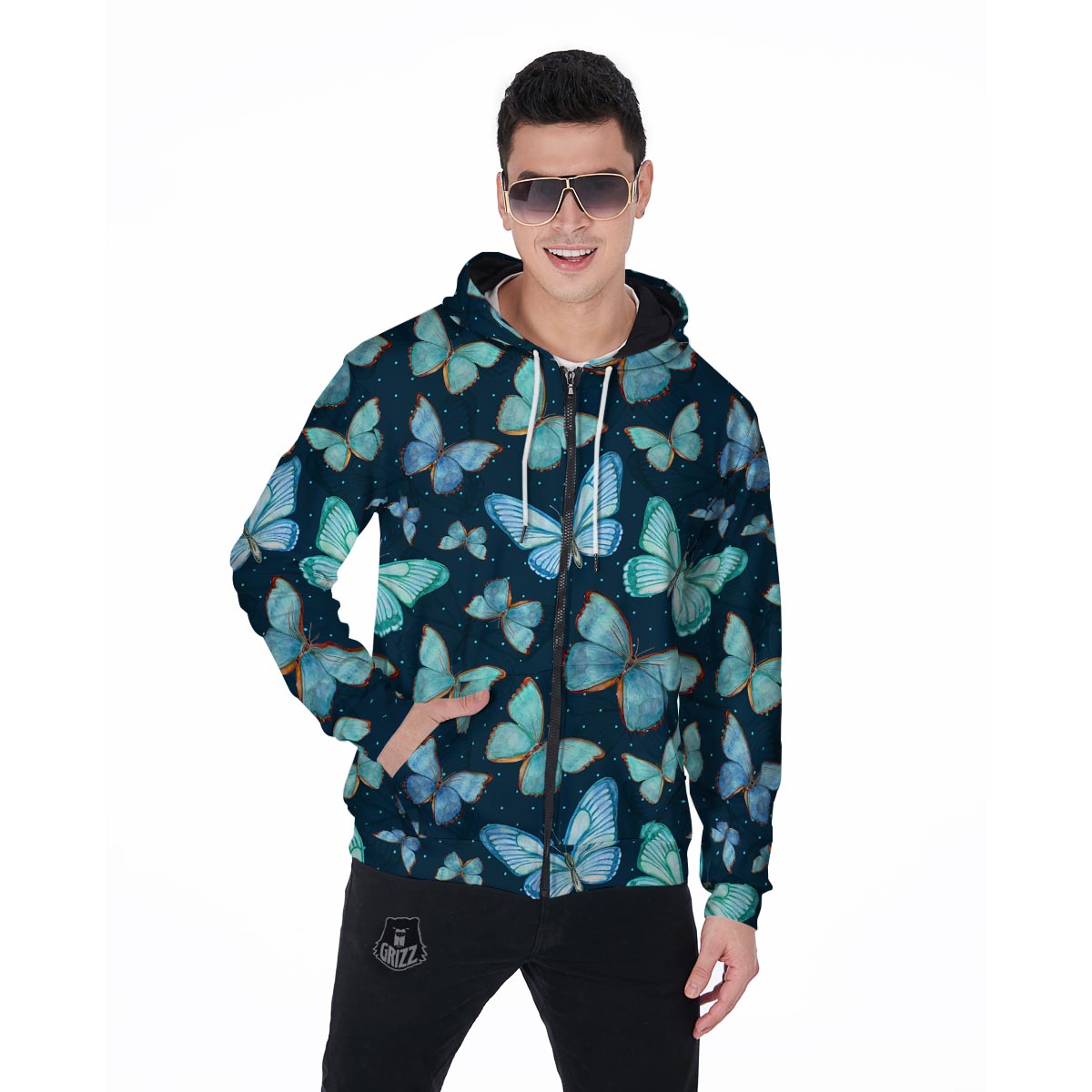Turquoise Butterfly Print Men's Zip Up Hoodie-grizzshop