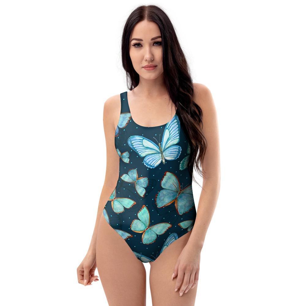 Turquoise Butterfly Print One Piece Swimsuite-grizzshop