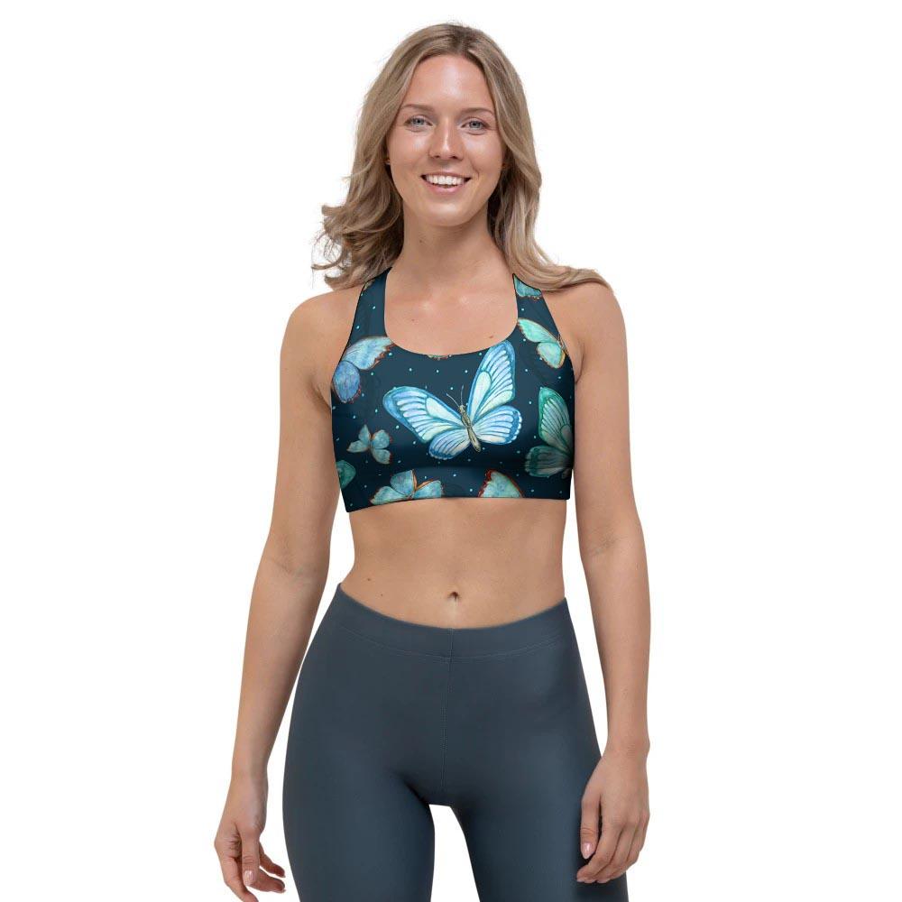 Turquoise Butterfly Print Sports Bra-grizzshop