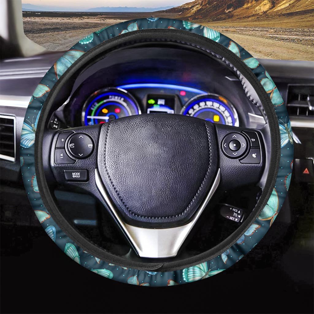 Turquoise Butterfly Print Steering Wheel Cover-grizzshop