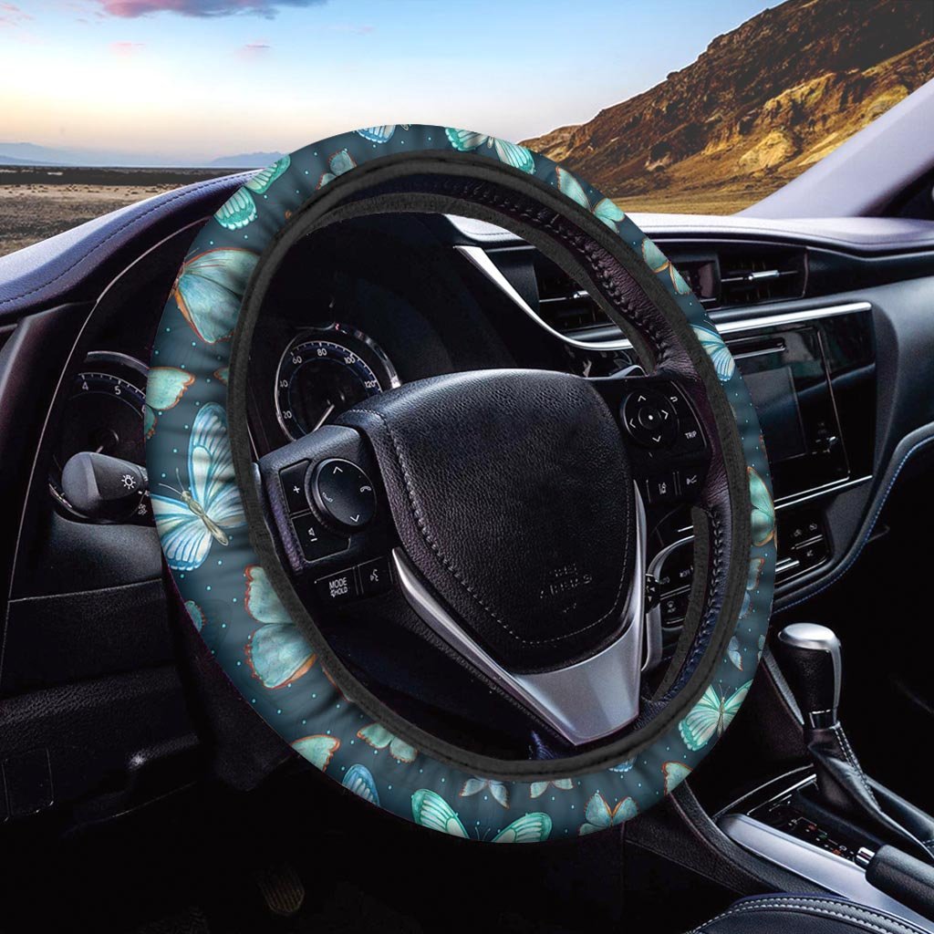 Turquoise Butterfly Print Steering Wheel Cover-grizzshop