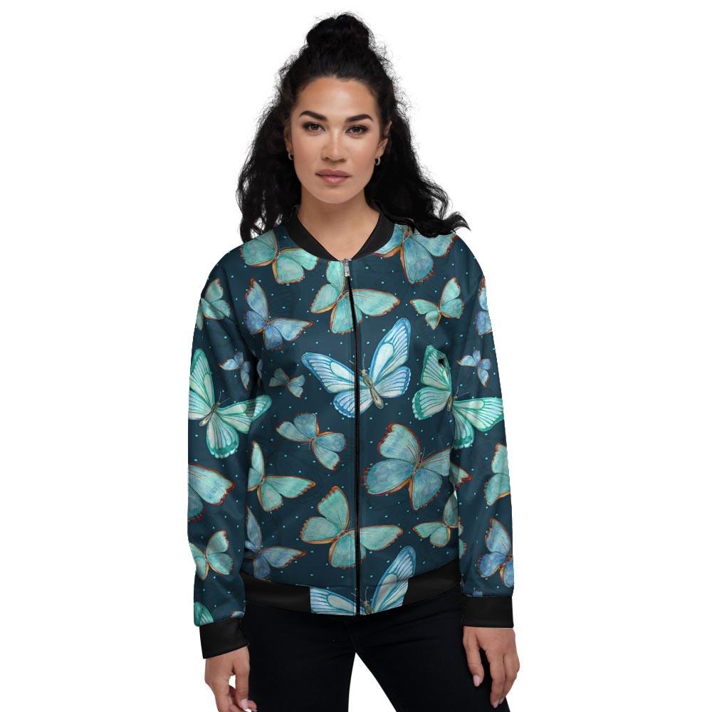 Turquoise Butterfly Print Women's Bomber Jacket-grizzshop