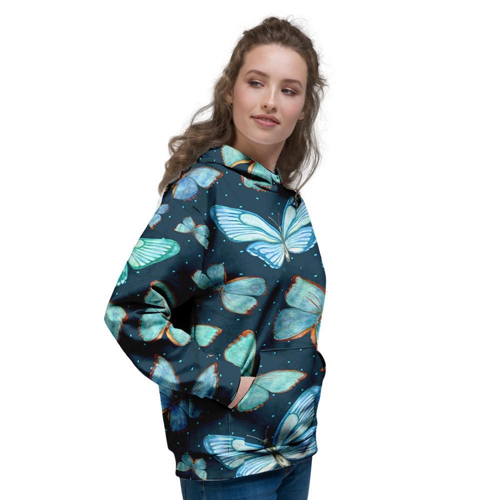 Turquoise Butterfly Print Women's Hoodie-grizzshop