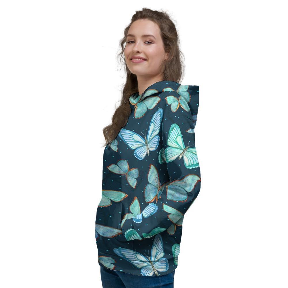 Turquoise Butterfly Print Women's Hoodie-grizzshop