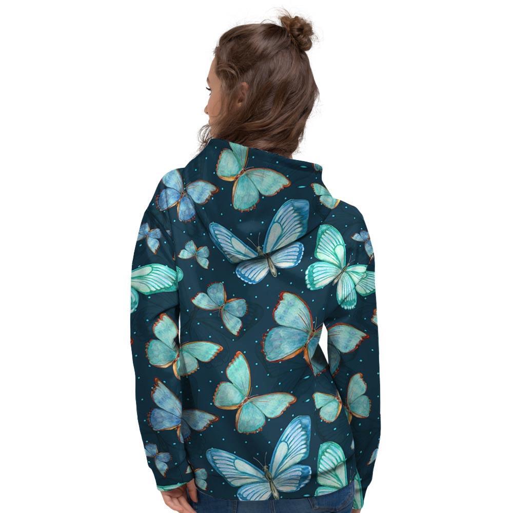 Turquoise Butterfly Print Women's Hoodie-grizzshop