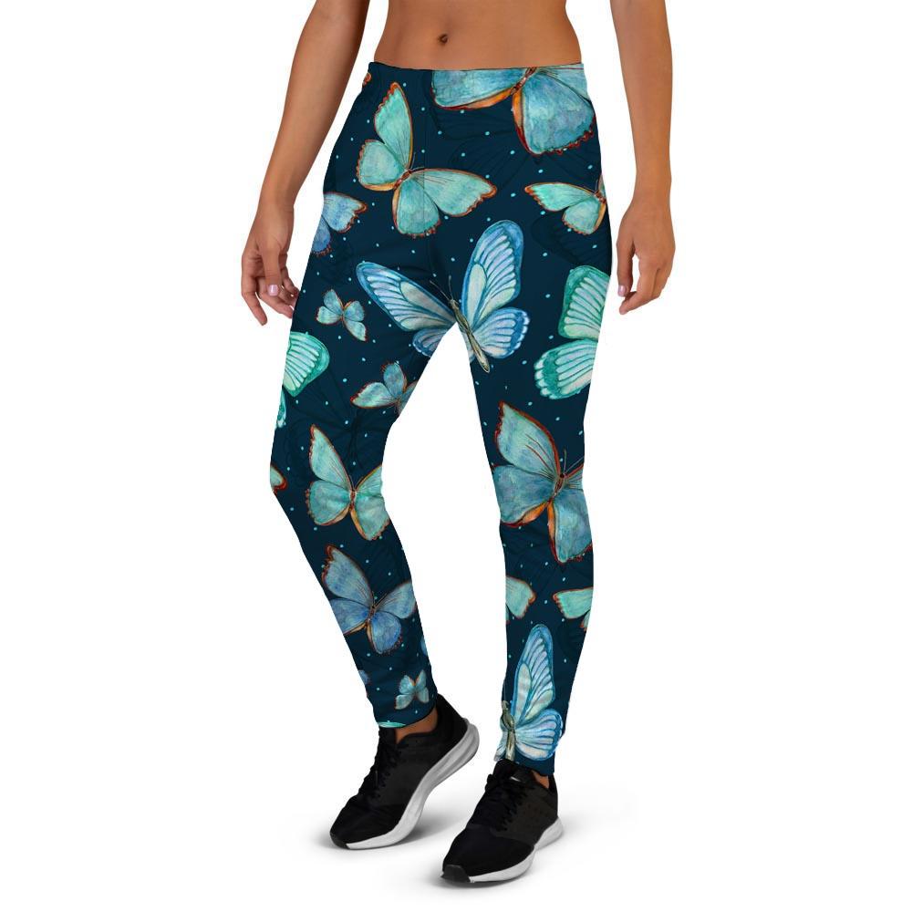 Turquoise Butterfly Print Women's Joggers-grizzshop