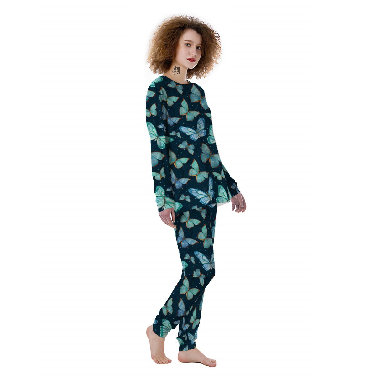 Turquoise Butterfly Print Women's Pajamas-grizzshop