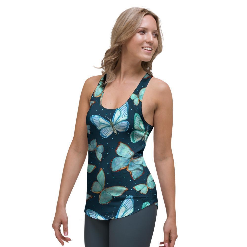 Turquoise Butterfly Print Women's Racerback Tank Top-grizzshop