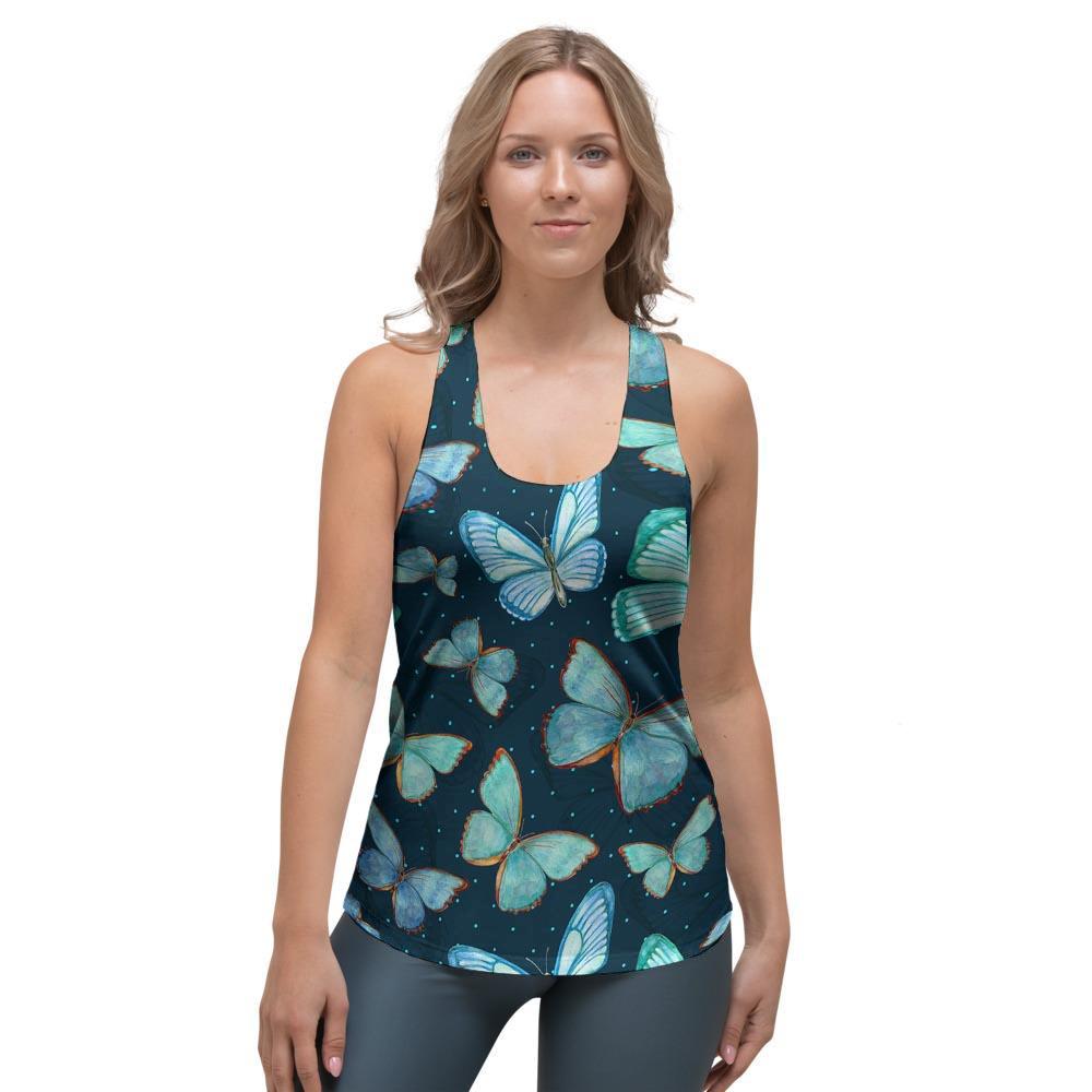 Turquoise Butterfly Print Women's Racerback Tank Top-grizzshop