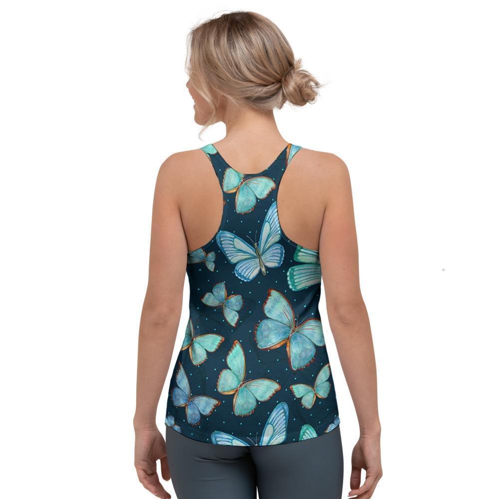 Turquoise Butterfly Print Women's Racerback Tank Top-grizzshop