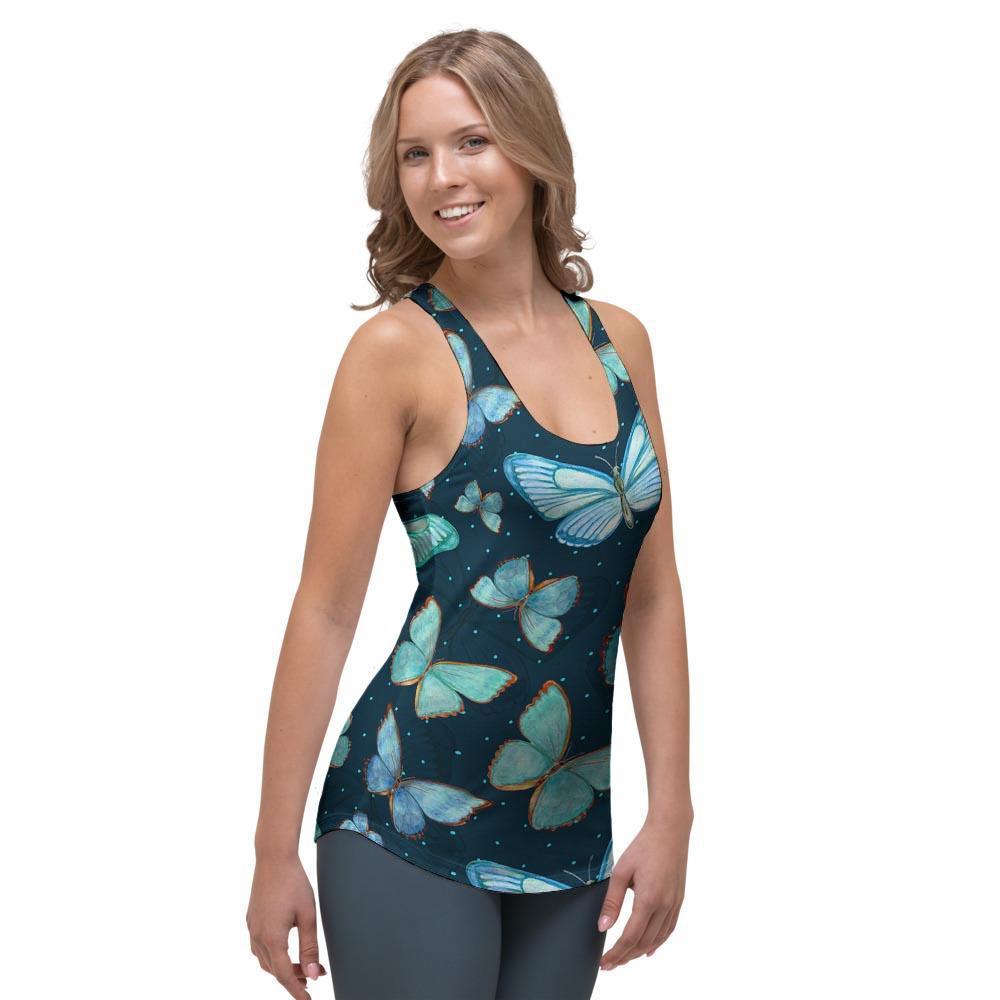 Turquoise Butterfly Print Women's Racerback Tank Top-grizzshop