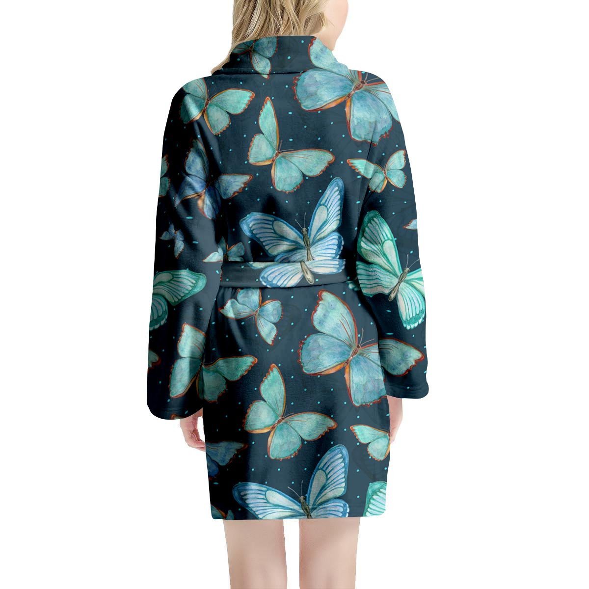 Turquoise Butterfly Print Women's Robe-grizzshop