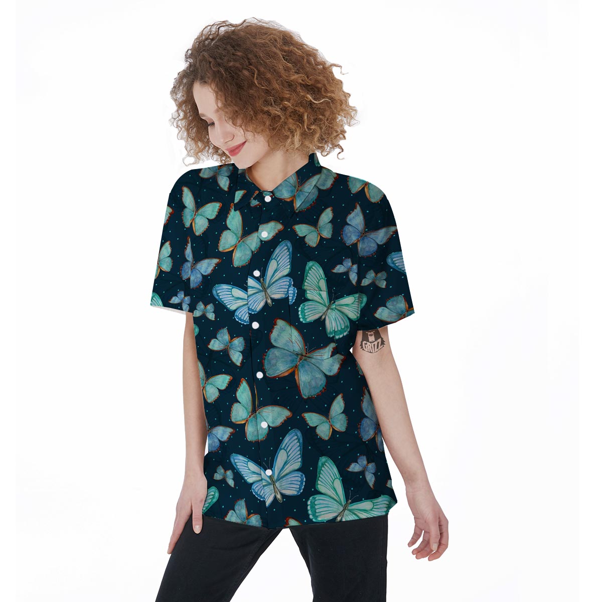 Turquoise Butterfly Print Women's Short Sleeve Shirts-grizzshop
